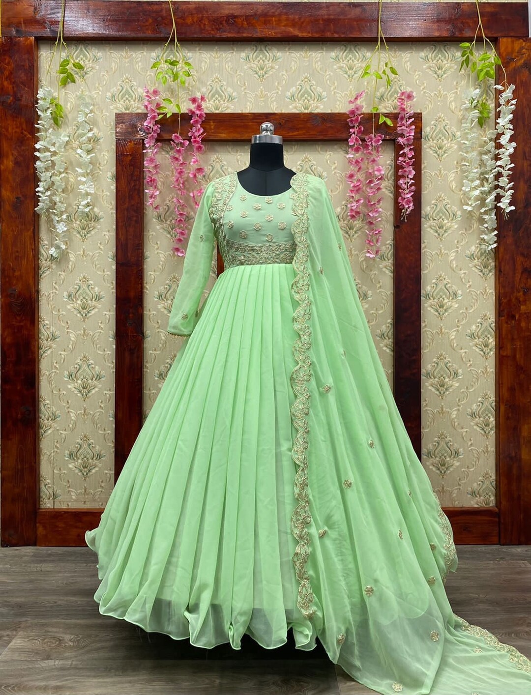 Pista Green Satin Gown 241047
