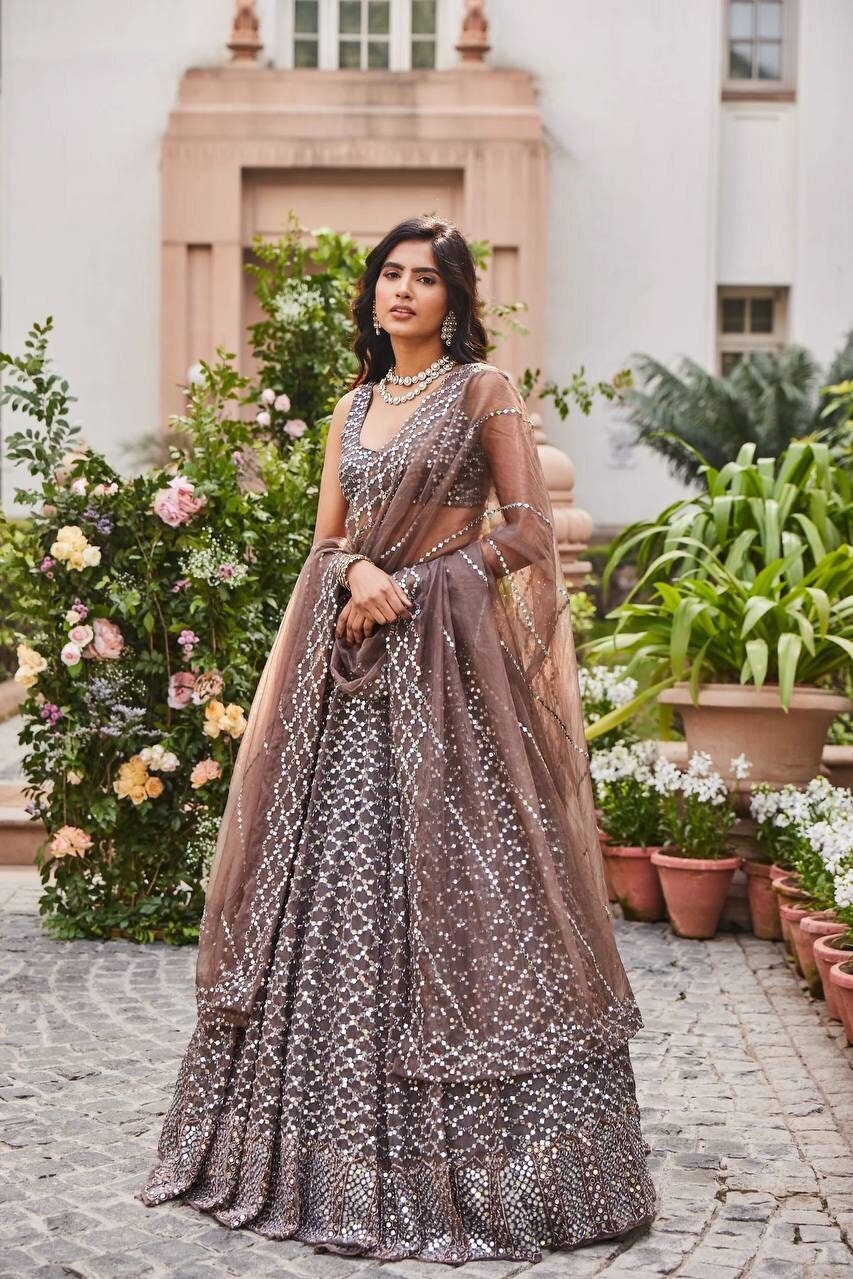 Buy Coffee Colour Designer Gorgette Havy Sequence Work Lehenga