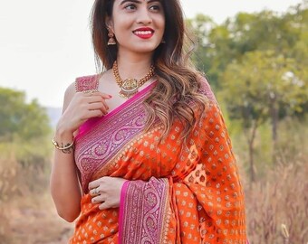 Bollywood latest design traditional soft Silk saree with GOLDEN ZARI and jacquard work all over Sari for women unsttiched saree blouse sari