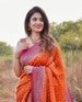Orange Color Indian Kanchipuram Soft Silk Weaving Work Saree With Unstitched Running Blouse For Women Wear Wedding Wear Party Wear Saree