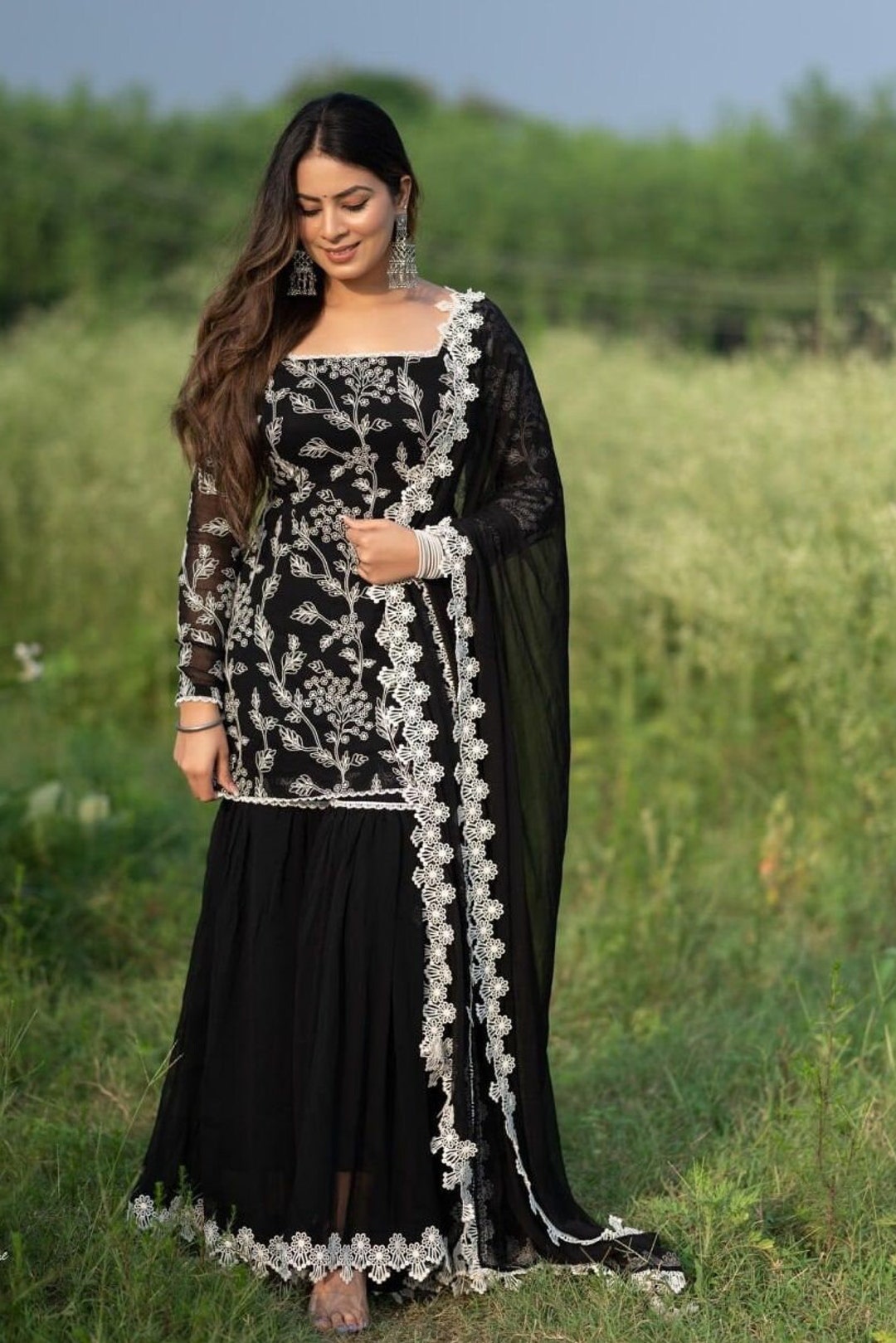 Roshini Black Gota Work Cotton Sharara Set