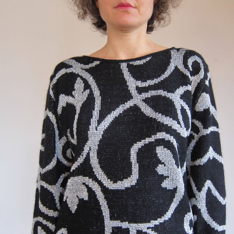 Black Silver metallic silver Lurex VINTAGE 1980/'s Angora Wool Sweater 80s Arabesque
