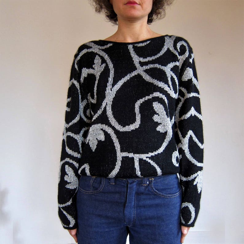 Black Silver metallic silver Lurex VINTAGE 1980/'s Angora Wool Sweater 80s Arabesque