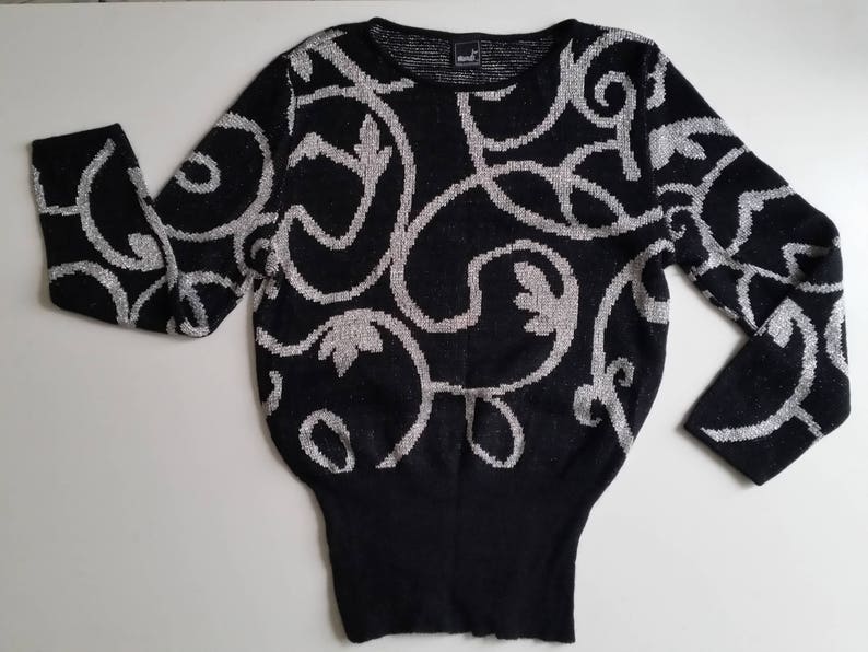 Black Silver metallic silver Lurex VINTAGE 1980/'s Angora Wool Sweater 80s Arabesque