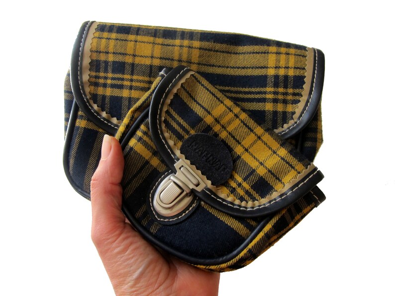 NAF Naf 90s pouches banana purse Yellow Navy Tartan Plaid Vintage 1990