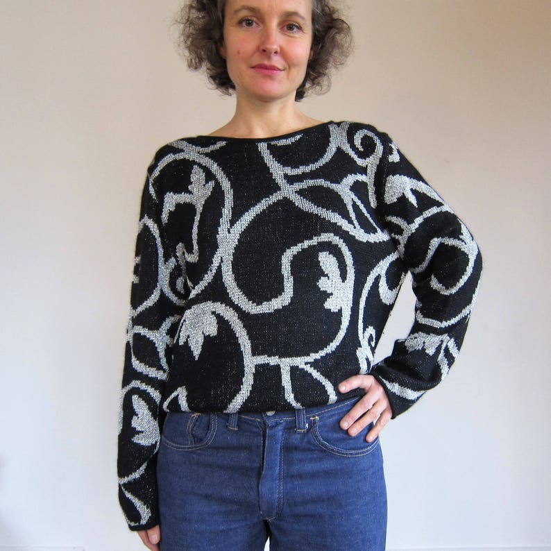 Black Silver metallic silver Lurex VINTAGE 1980/'s Angora Wool Sweater 80s Arabesque