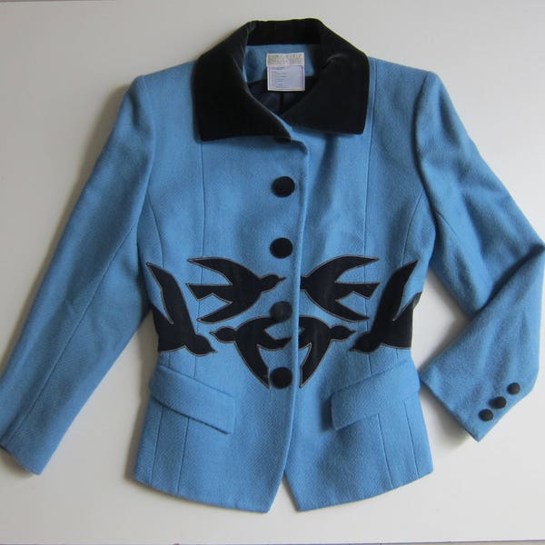 Emmanuelle Khanh // Blue wool jacket and navy blue velvet // Vintage // Birds Doves 1980 1990 // S or XS