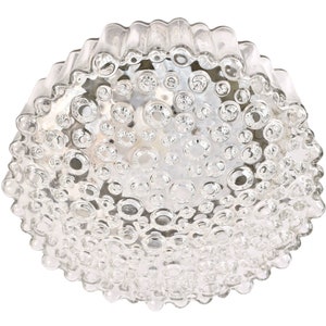 Può includere: Un apparecchio di illuminazione rotondo in vetro trasparente con una superficie strutturata a bolle. L'apparecchio ha un bordo increspato ed è progettato per diffondere la luce. La forma generale è sferica e il vetro appare trasparente. Diametro circa 25 cm.