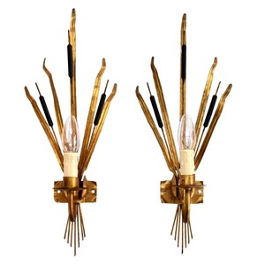 Pair of Spanish Gilt Ferrocolor Wall Sconces Mid Century | Vintage Hollywood Regency Wall lamps Lights Rush Reed Cane | Retro Chique Gold