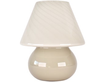 Mid Century Venini Style Taupe Glass Mushroom Table Lamp | Vintage Swirl Glass Accent Light | Retro Modern Bedside Beige