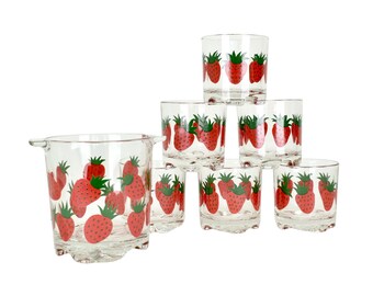 Mid-Century Italian Strawberry Drinking Glasses & Ice Bucket | Vintage Embossed Tumblers Pop Art 1960s Cocktail Crystal Whiskey Summer set 6