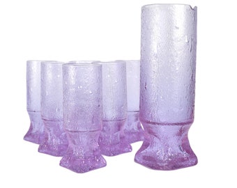 Mid Century Italian Set of Alexandrite Glass Tumblers and Carafe | Neodymium Atomic Age Vintage | Glasware Summer Table Rockabilly Ice 1960s
