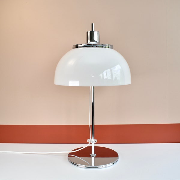 1970s Guzzini Faro Mushroom Table Lamp | Vintage Mid Century Modern Chrome Silver White Accent Light | Italian Design Achille Castiglioni