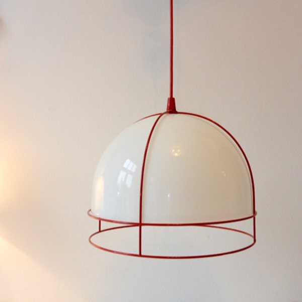 Great Vintage White Bakelite Design Ceiling Light / Lamp / Pendant - 1980s / White Red