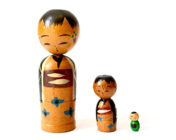 Japanese Kokeshi Dolls With Bobbing Head Vintage Wood Japan 1970s
