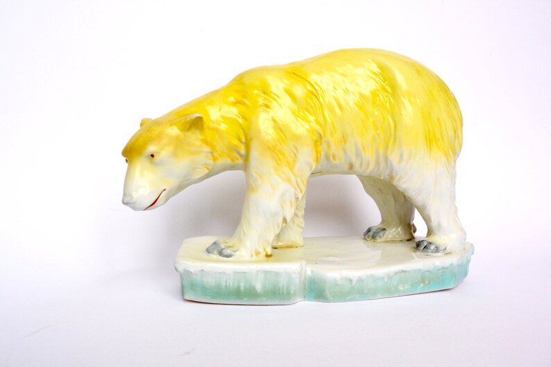 Polar Bear Yellow Turquoise Ceramic Antique Porcelain Ice Floe Bear Vintage Mid Century Collectible Porcelain Ice Bear 1930s Art Deco