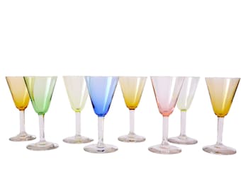 8 Mid Century colored Liquor Glasses | Vintage Cordial Stemmed Shot Glasses | Antique Drinkware Retro Barware  1950s | Housewarming Gift