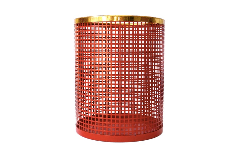 Vintage Trash Can Pilastro Mategot Style Mid Century Modern Red And Gold Garbage Can Paper Litter Bin Retro Desk Accessories Bucket