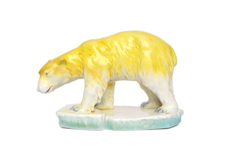 Polar Bear Yellow Turquoise Ceramic Antique Porcelain Ice Floe Bear Vintage Mid Century Collectible Porcelain Ice Bear 1930s Art Deco