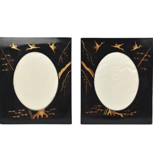 1920s Japanese Black Lacquer Picutre Frames | Antique Gold Crane Birds Painting Oval Rectangle Chinoiserie Meiji Asian Decor Gallery Wall