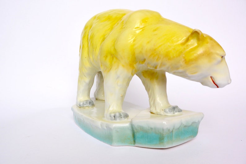 Polar Bear Yellow Turquoise Ceramic Antique Porcelain Ice Floe Bear Vintage Mid Century Collectible Porcelain Ice Bear 1930s Art Deco
