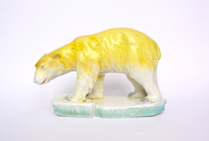 Polar Bear Yellow Turquoise Ceramic Antique Porcelain Ice Floe Bear Vintage Mid Century Collectible Porcelain Ice Bear 1930s Art Deco