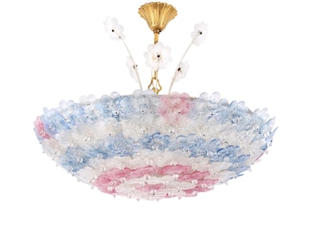 Rare lustre floral en verre de Murano Barovier & Toso, panier de fleurs roses et bleues transparentes | Lampe de plafond italienne vintage milieu du siècle, années 1950