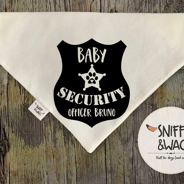 BABY SECURITY SHIELD Dog Bandana ,baby announcement, Slide On Over the Collar Pregnancy Announcement, pet bandana, officer police fireman