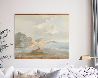 Vintage Beach and Mountain Scene Tapestry Wall Hanging, Vintage Coastal Wall Art, Large Seascape Tonal Print, Large Beach Cottage Canvas Art