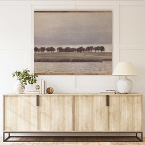 Large Vintage Moody Landscape, Muted Tonal Tapestry, Oversized Misty Scenic Wall Decor, XL Foggy Riverfront Home On Marsh Canvas Art Print
