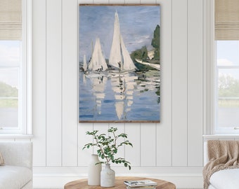 Vintage Coastal Wall Art Tapestry, Nautical Sailboat Painting Wall Hanging, Large Beach House Wall Decor, XL Lake House Wall Canvas Tapestry