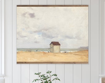 Vintage Coastal Beach Tapestry, Large Wall Decor, Hanging Vintage Canvas Oil Painting Print, XL Seaside Landscape Art, Neutral Wall Decor