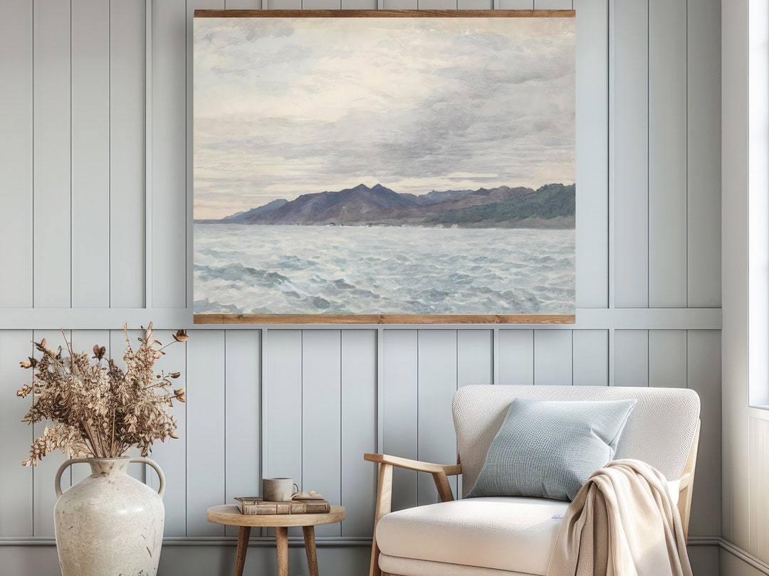 Vintage Coastal Mountain Landscape Tapestry Blue Tones Vintage Artwork vintage-coastal-mountain-landscape-tapestry-blue-tones-vintage-artwork