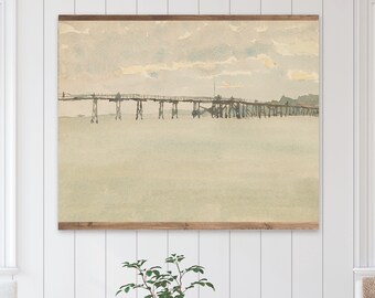 Vintage Waterfront Pier Tapestry Wall Hanging, Large Wall Decor Muted Tones, Beach House Wall Decor, Vintage Coastal Wall Art, XL Canvas Art