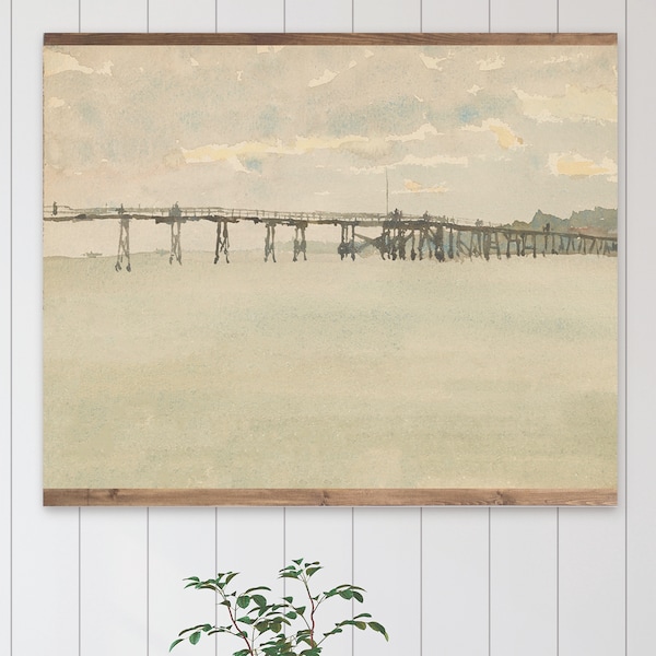 Vintage Waterfront Pier Tapestry Wall Hanging, Large Wall Decor Muted Tones, Beach House Wall Decor, Vintage Coastal Wall Art, XL Canvas Art