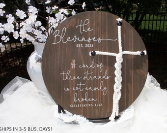 A Cord Of Three Strands Round Braided Cross Sign, Custom Unity Ceremony Sign With Cord Cross, Eccl 4:9-12 Scripture, Wedding Ceremony Sign