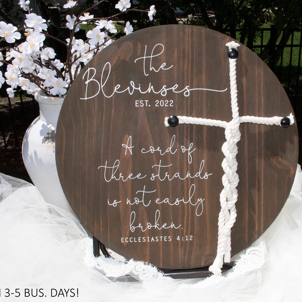 A Cord Of Three Strands Round Braided Cross Sign, Custom Unity Ceremony Sign With Cord Cross, Eccl 4:9-12 Scripture, Wedding Ceremony Sign