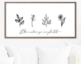 Bloom Where You Are Planted Sign, Botanical Wall Art, Minimalist Botanical Line Art, Inspirational Wall Hanging, Spring Home Decor