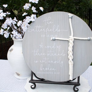 A Cord Of Three Strands Round Braided Cross Sign, Custom Unity Ceremony Sign With Cord Cross, Eccl 4:9-12 Scripture, Wedding Ceremony Sign
