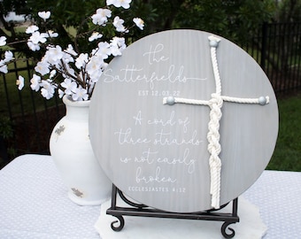 A Cord Of Three Strands Round Braided Cross Sign, Custom Unity Ceremony Sign With Cord Cross, Eccl 4:9-12 Scripture, Wedding Ceremony Sign