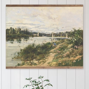 Large Vintage Wall Hanging, Riverbank Landscape Tapestry, Extra Large Wall Decor, Hanging Pastoral Waterfront Canvas, XL Tapestry Wall Art