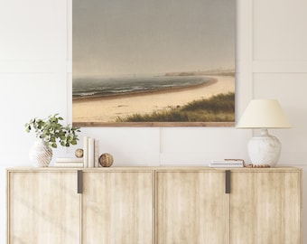 Large Coastal Vintage Wall Tapestry,XL Misty Beach Scene Wall Art, Vintage Seaside Oil Painting, Beach House Wall Art, Foggy Beach Scene Art