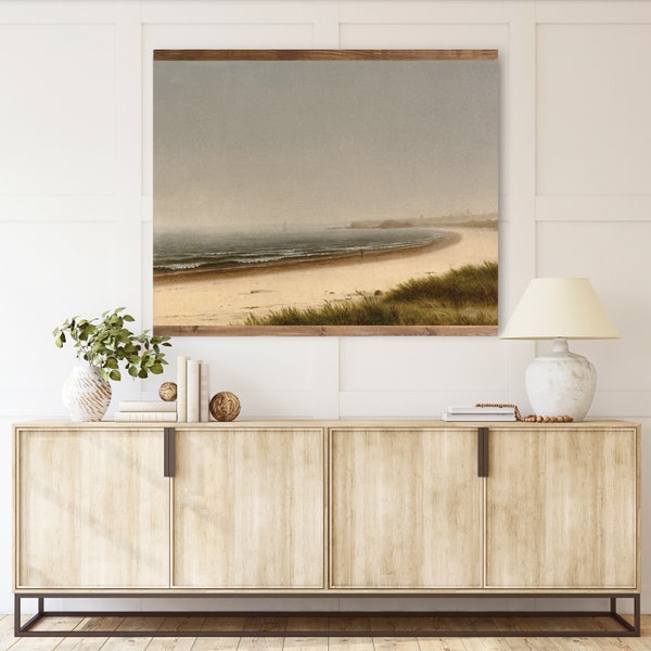 Large Coastal Vintage Wall Tapestry,XL Misty Beach Scene Wall Art, Vintage Seaside Oil Painting, Beach House Wall Art, Foggy Beach Scene Art