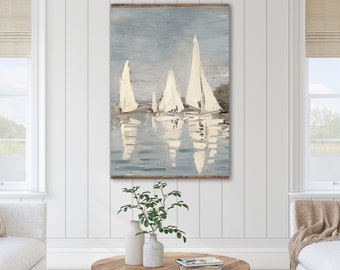 Vintage Sailboat Regatta Tapestry, Large Coastal Wall Decor, Nautical Beach House Wall Art, Soft Blue Tonal Vintage Art, Coastal Farmhouse