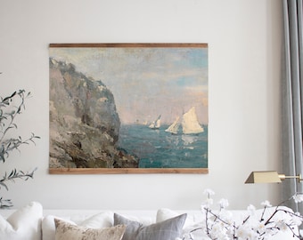 Tapiz costero vintage para colgar en la pared, decoración de pared grande, impresión de pintura al óleo de lienzo colgante, decoración de pared rústica para el hogar, arte del paisaje costero