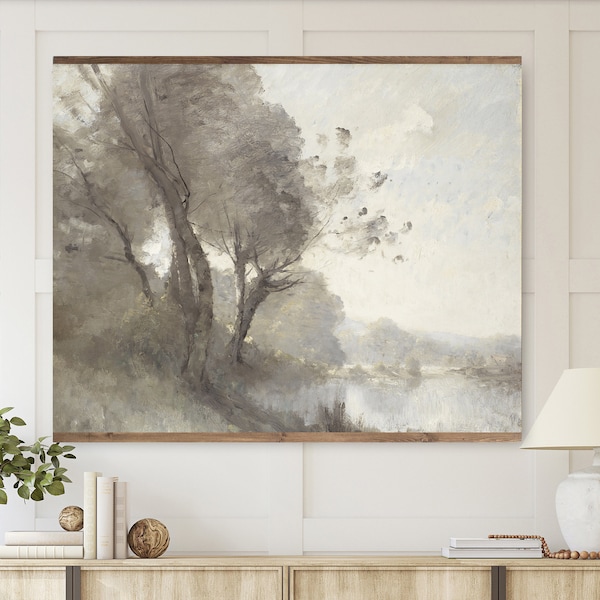 Large Vintage Wall Hanging, Muted Landscape Tapestry, Oversized Riverside Wall Decor, XL Rustic Muted Tones Mountain and Tree Landscape Art