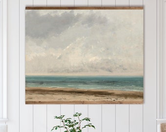 Vintage Coastal Landscape Tapestry, Neutral XL Vintage Print Canvas Tapestry, Beach House Wall Hanging, Aqua and Blue Tonal Vintage Wall Art