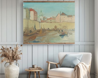 Vintage European Coastal Port Landscape Tapestry, Seaside Painting Soft Muted Tones, Extra Large Beach House Wall Decor, Summer Wall Canvas