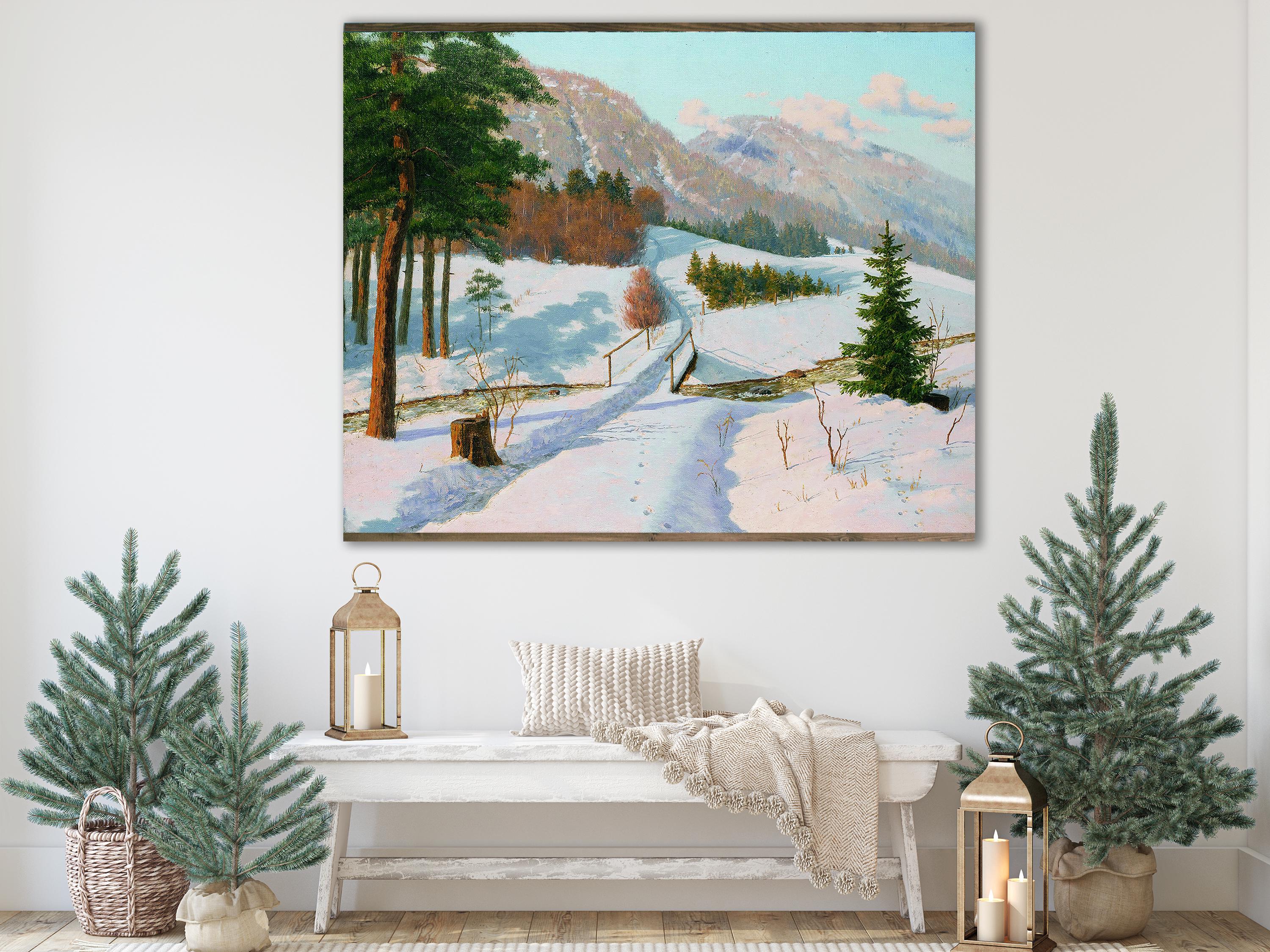 Vintage Snowy Mountain Bridge Canvas Tapestry | Snowy Valley