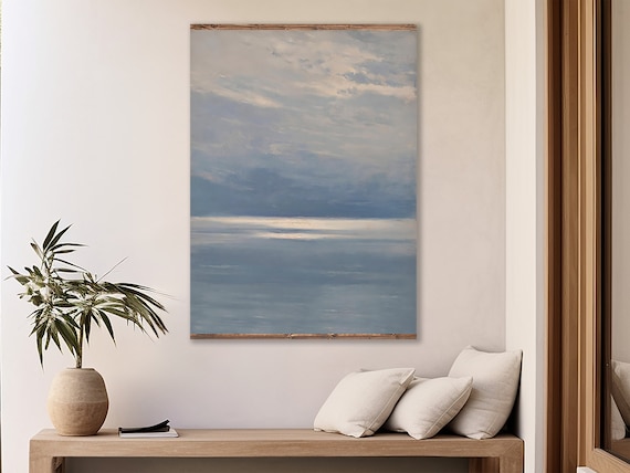 Cuadro Decorativo Lienzo Azul Cielo - Arte Abstracto Enmarcado - Tela Sobre Bastidor De Madera - Tamaño Mediano